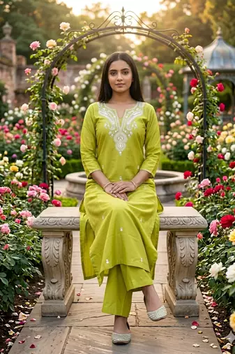 Beautiful yellow embroidered cotton cord set