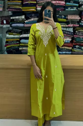 Beautiful yellow embroidered cotton cord set