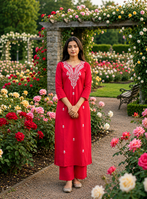 Beautiful red embroidered cotton cord set 1
