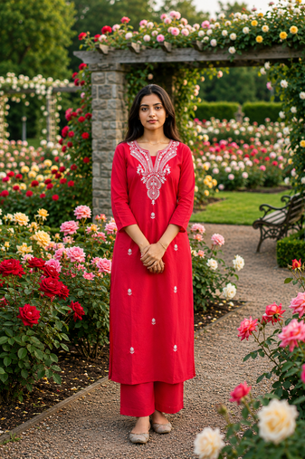 Beautiful red embroidered cotton cord set