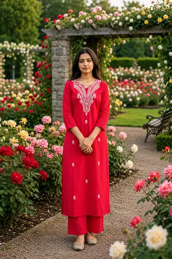 Beautiful red embroidered cotton cord set