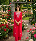 Beautiful red embroidered cotton cord set