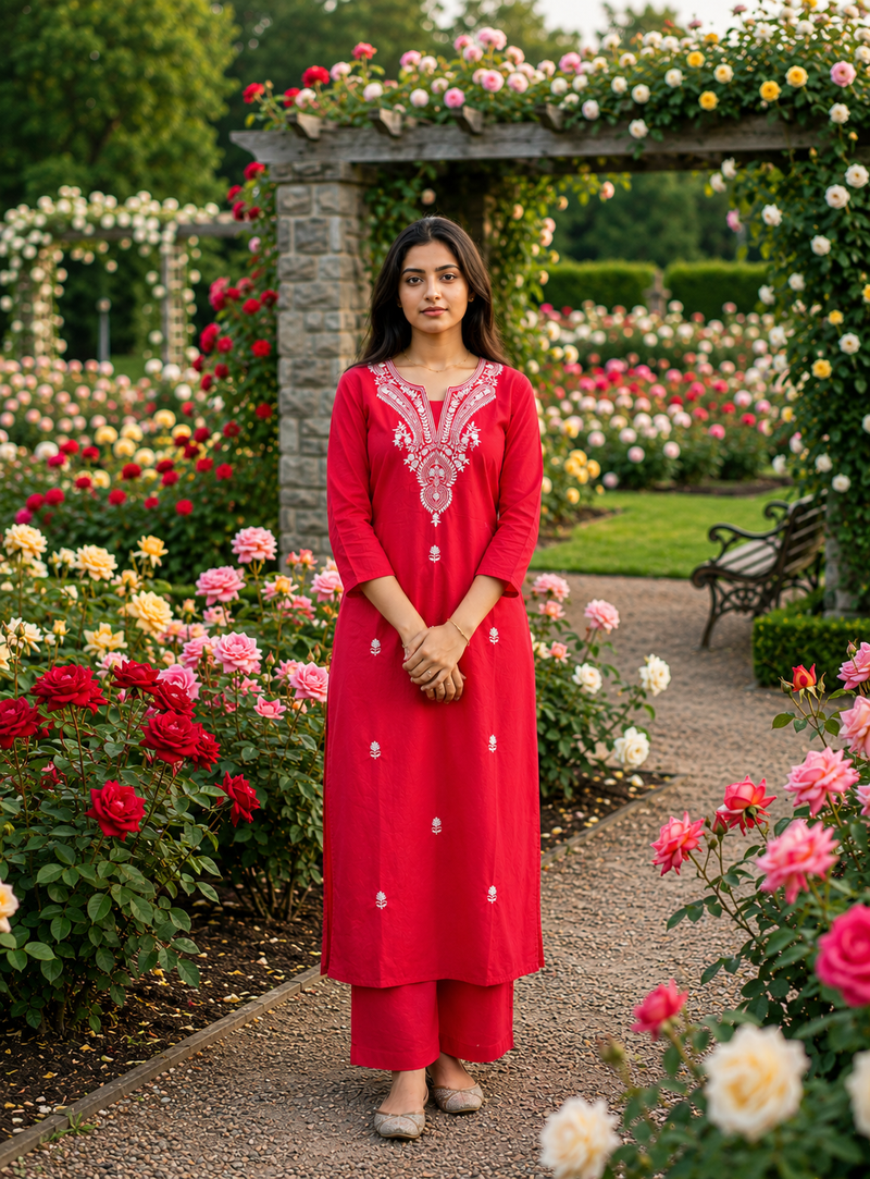 Beautiful red embroidered cotton cord set