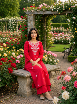 Beautiful red embroidered cotton cord set 2
