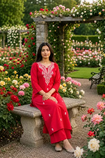 Beautiful red embroidered cotton cord set