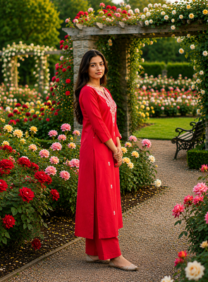 Beautiful red embroidered cotton cord set 3