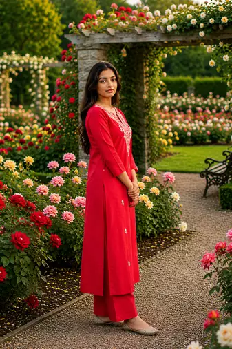 Beautiful red embroidered cotton cord set