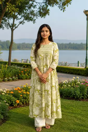 Beautiful green printed cotton cord set