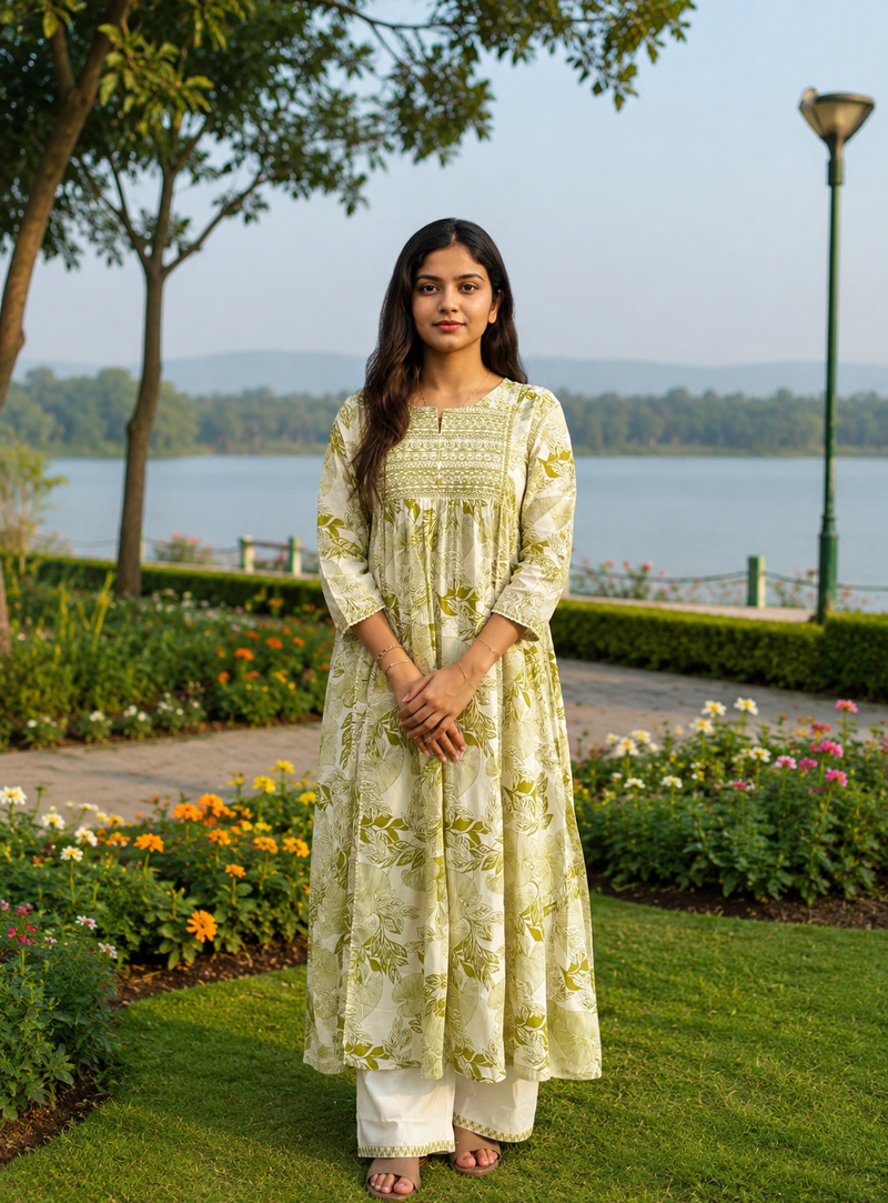 Beautiful green printed cotton cord set
