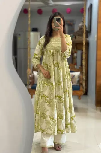 Beautiful green printed cotton cord set