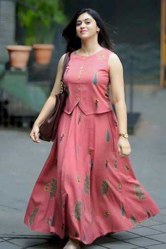 Premium pink printed jaipuri cotton skirt and top set with beautiful button