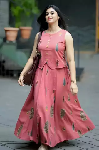 Premium pink printed jaipuri cotton skirt and top set with beautiful button