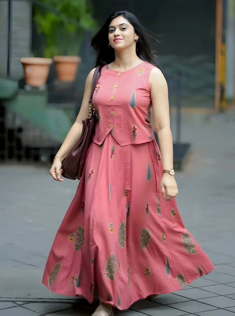 Premium pink printed jaipuri cotton skirt and top set with beautiful button