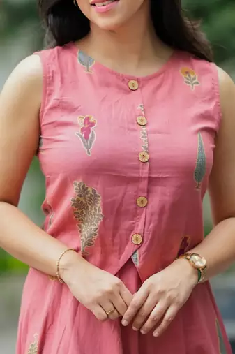 Premium pink printed jaipuri cotton skirt and top set with beautiful button