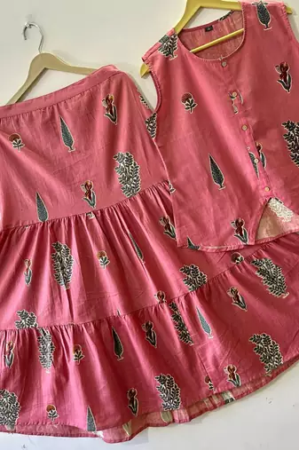 Premium pink printed jaipuri cotton skirt and top set with beautiful button