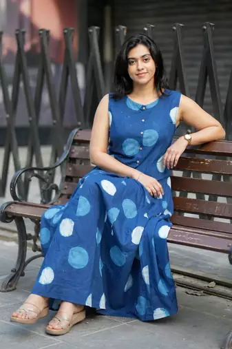Premium blue printed jaipuri cotton skirt and top set with beautiful button