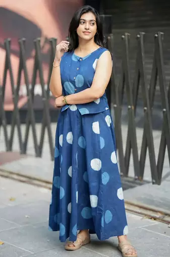 Premium blue printed jaipuri cotton skirt and top set with beautiful button