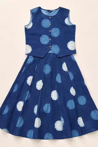 Premium blue printed jaipuri cotton skirt and top set with beautiful button