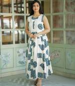 Premium printed jaipuri white cotton skirt and top set with beautiful button
