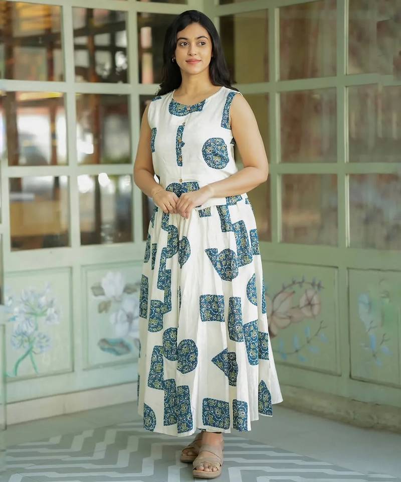 Premium printed jaipuri white cotton skirt and top set with beautiful button