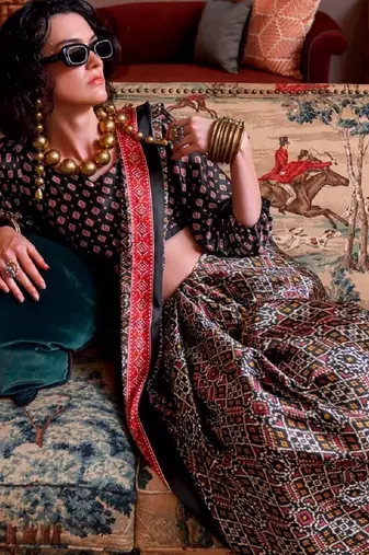 Multicolor faux crepe printed patola-saris