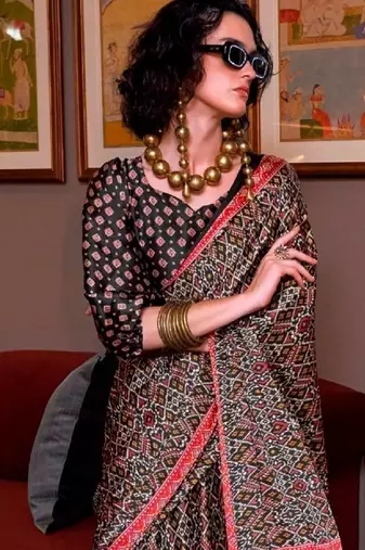 Multicolor faux crepe printed patola-saris