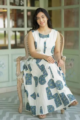 Premium printed jaipuri white cotton skirt and top set with beautiful button
