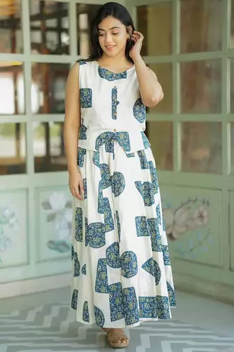 Premium printed jaipuri white cotton skirt and top set with beautiful button