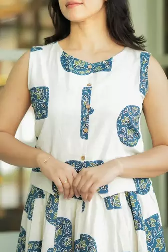 Premium printed jaipuri white cotton skirt and top set with beautiful button