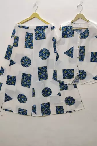 Premium printed jaipuri white cotton skirt and top set with beautiful button