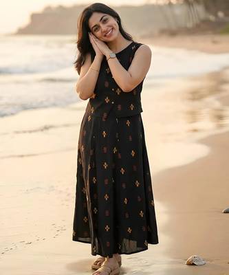 Premium printed jaipuri black cotton skirt and top set with beautiful button 1