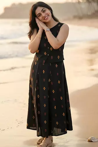 Premium printed jaipuri black cotton skirt and top set with beautiful button