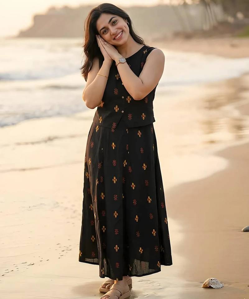 Premium printed jaipuri black cotton skirt and top set with beautiful button