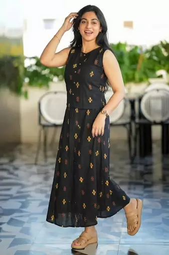 Premium printed jaipuri black cotton skirt and top set with beautiful button