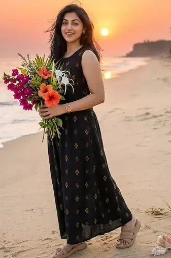 Premium printed jaipuri black cotton skirt and top set with beautiful button