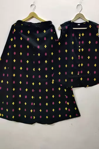 Premium printed jaipuri black cotton skirt and top set with beautiful button