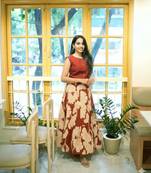Premium printed jaipuri red cotton skirt and top set with beautiful button