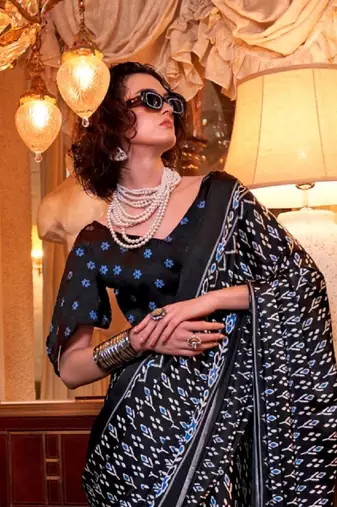 Black satin poly silk printed patola-saris
