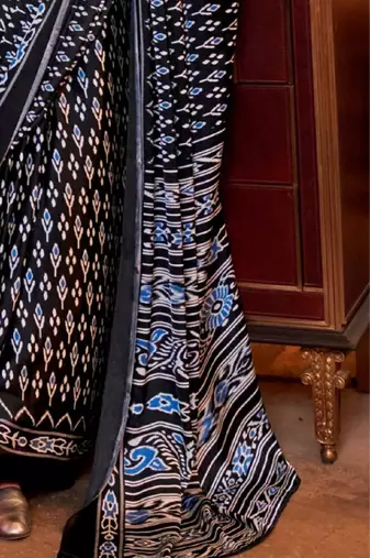 Black satin poly silk printed patola-saris
