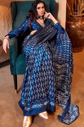Blue satin poly silk printed patola-saris