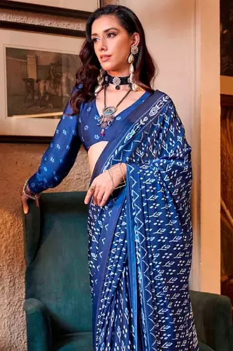 Blue satin poly silk printed patola-saris