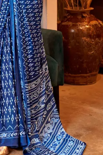 Blue satin poly silk printed patola-saris