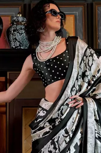 Black satin poly silk printed satin-sarees