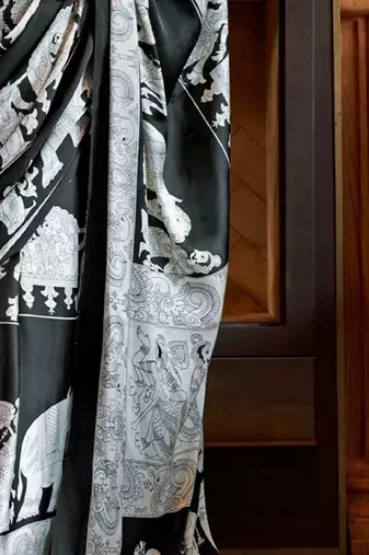 Black satin poly silk printed satin-sarees