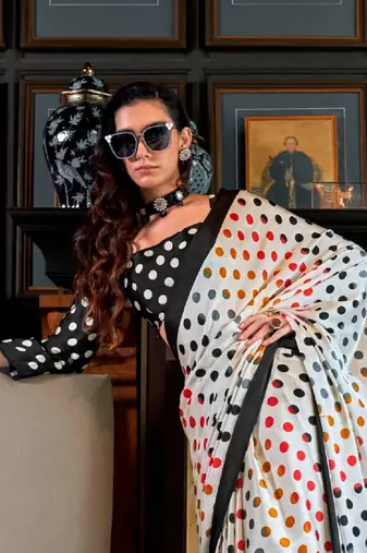 White satin poly silk printed party-wear-sarees