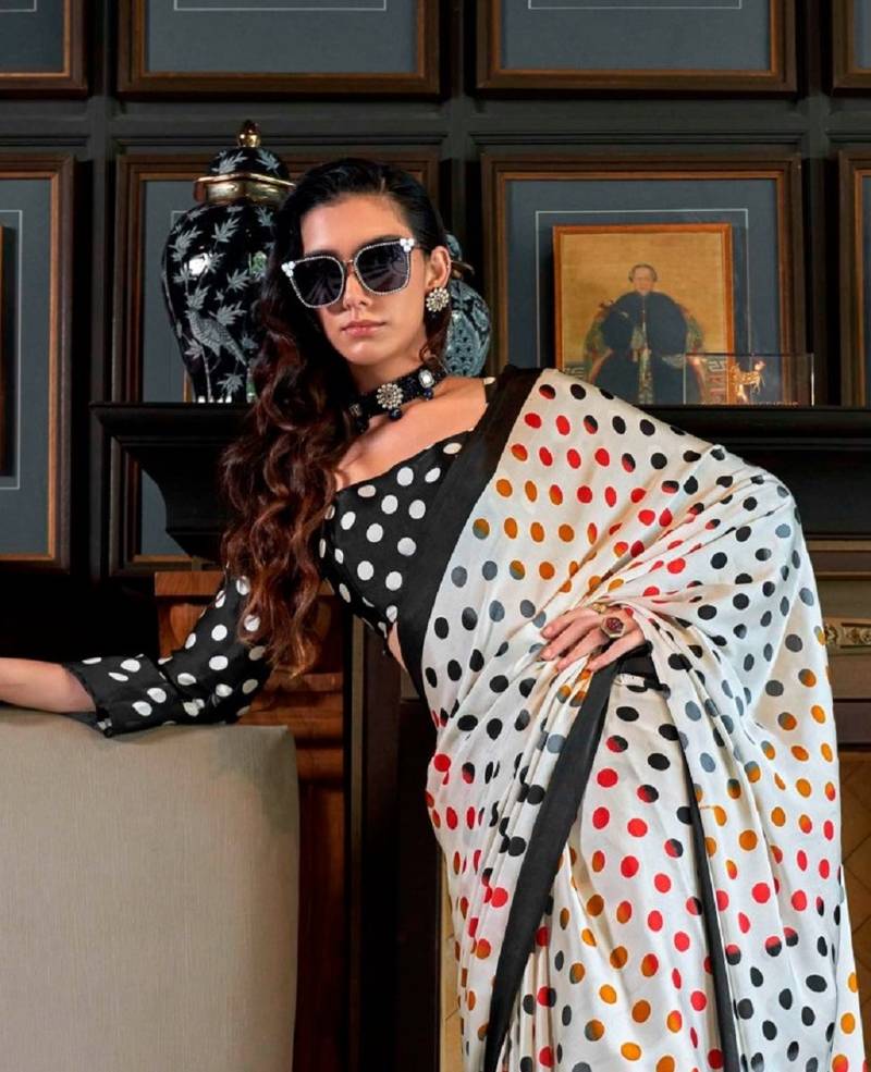 White satin poly silk printed party-wear-sarees