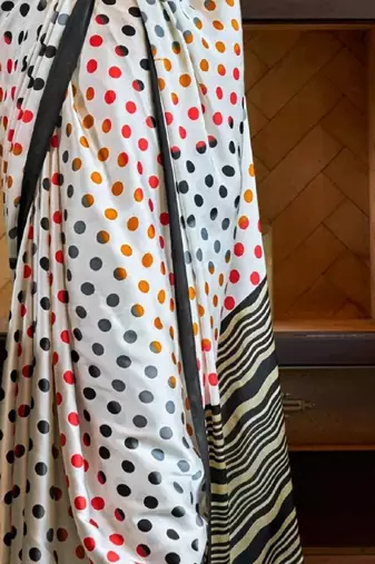 White satin poly silk printed party-wear-sarees
