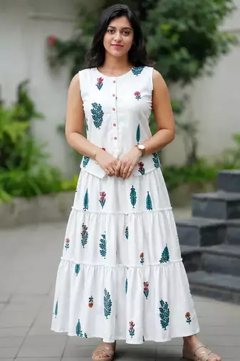 Premium white printed leaf jaipuri cotton skirt and top set with beautiful button