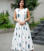 Premium white printed leaf jaipuri cotton skirt and top set with beautiful button