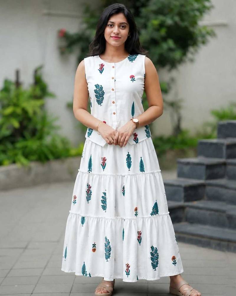 Premium white printed leaf jaipuri cotton skirt and top set with beautiful button